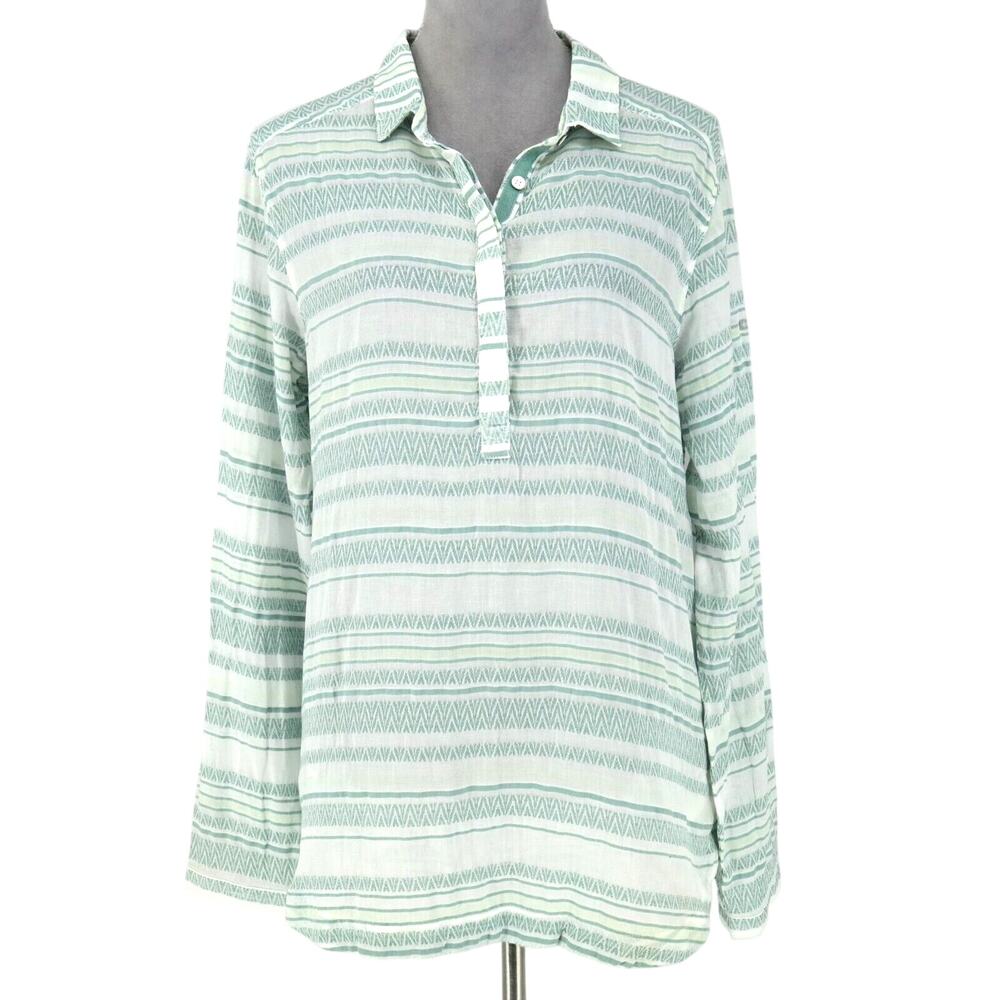 Columbia Top Womens Large White Green Striped Henley Blouse Roll Tab Gorpcore